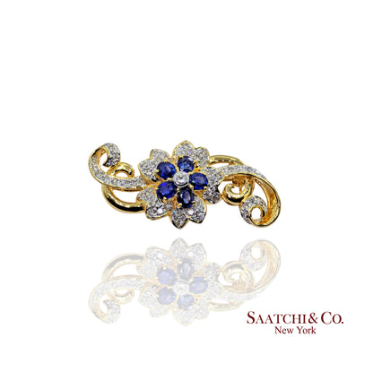 18k (750) Yellow Gold Natural White VVS Diamond & Blue Sapphire Brooch