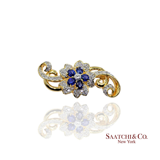 18k (750) Yellow Gold Natural White VVS Diamond & Blue Sapphire Brooch