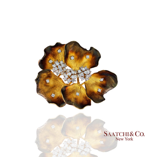 18k (750) Yellow Gold Natural Diamond Flower Brooch