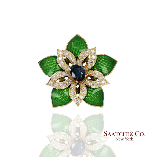 18K (750) Yellow Gold Green Enamel Sapphire Diamond Pin / Brooch