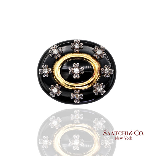 Old Vintage 40 Ct Black Oval Onyx with Natural Diamond Brooch