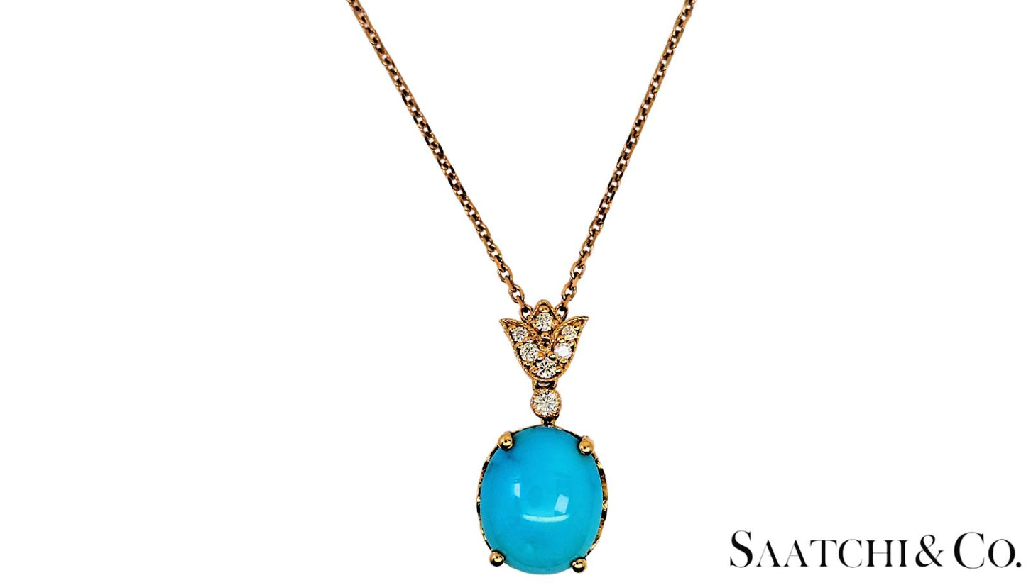 Persian Torquise 4.7 Ct & Natural Diamond VVS-VS, 18K Rose Gold Pendant & Chain