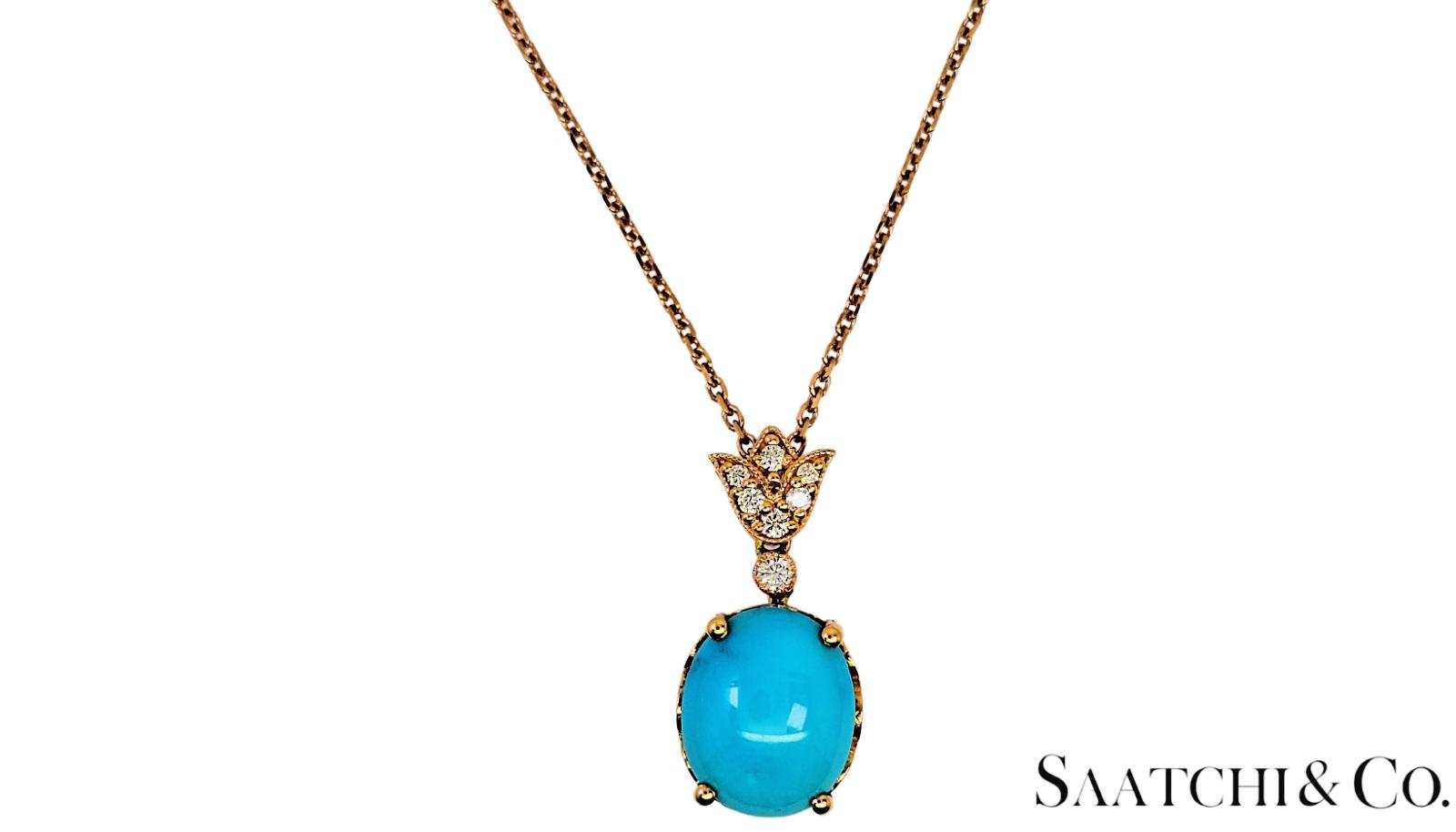 Persian Torquise 4.7 Ct & Natural Diamond VVS-VS, 18K Rose Gold Pendant & Chain