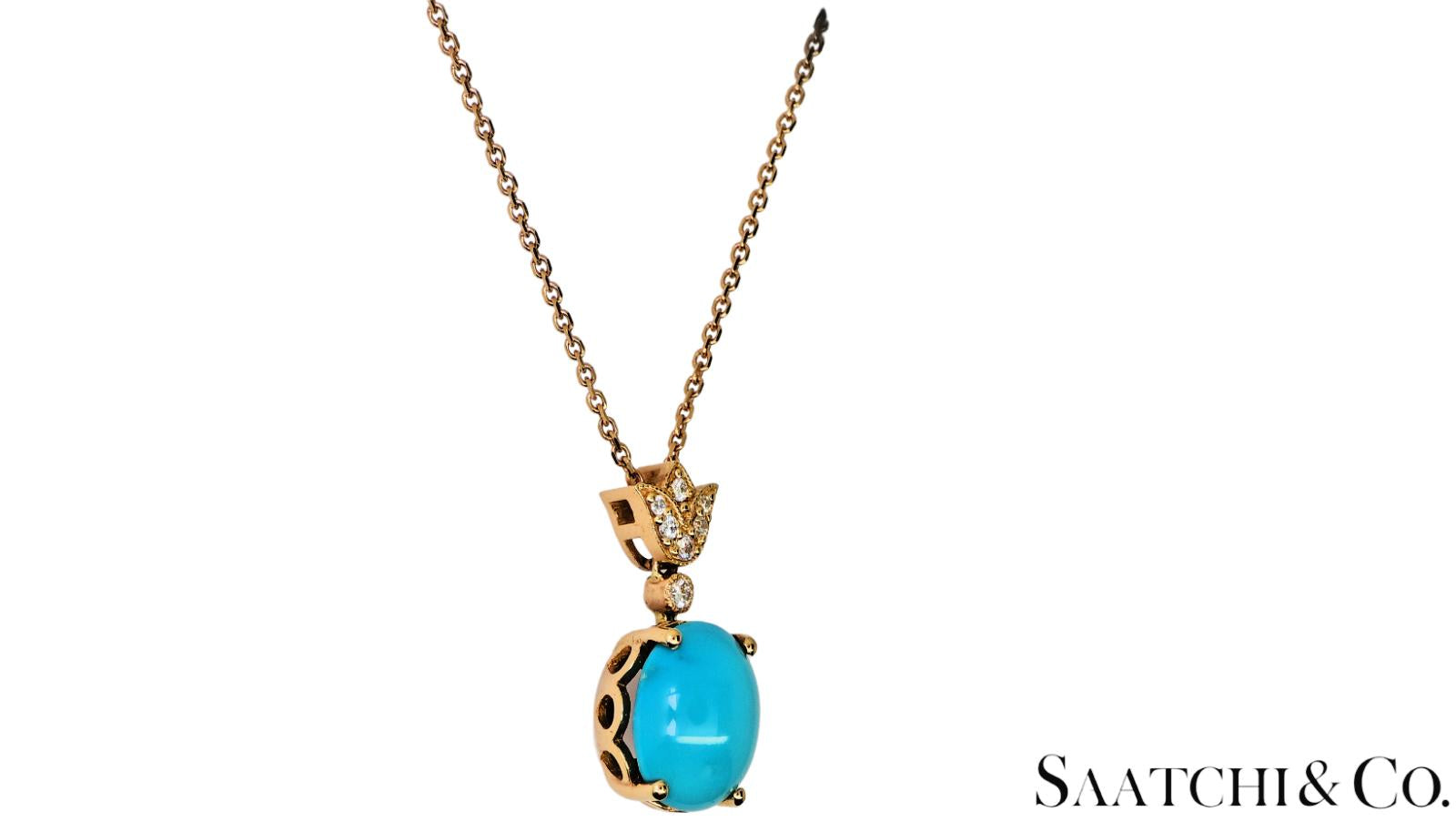 Persian Torquise 4.7 Ct & Natural Diamond VVS-VS, 18K Rose Gold Pendant & Chain