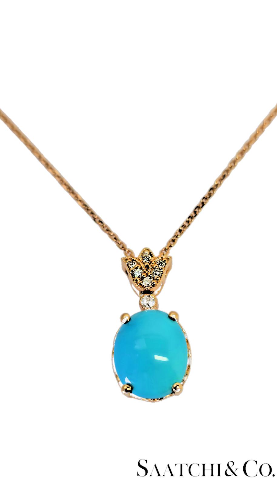 Persian Torquise 4.7 Ct & Natural Diamond VVS-VS, 18K Rose Gold Pendant & Chain