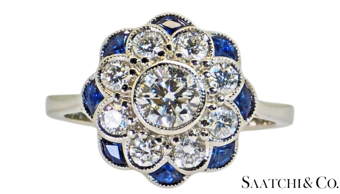 Platinum (950) - Natural 1.08 Ct diamond and 0.55 Ct Blue Sapphire ring, Size 7
