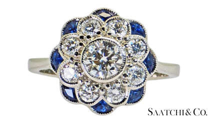 Platinum (950) - Natural 1.08 Ct diamond and 0.55 Ct Blue Sapphire ring, Size 7