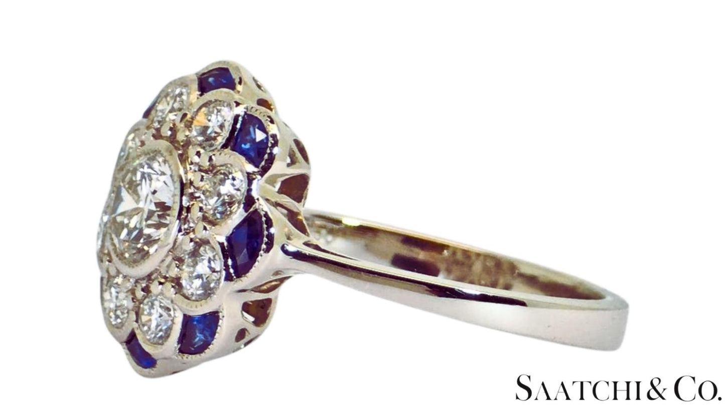 Platinum (950) - Natural 1.08 Ct diamond and 0.55 Ct Blue Sapphire ring, Size 7