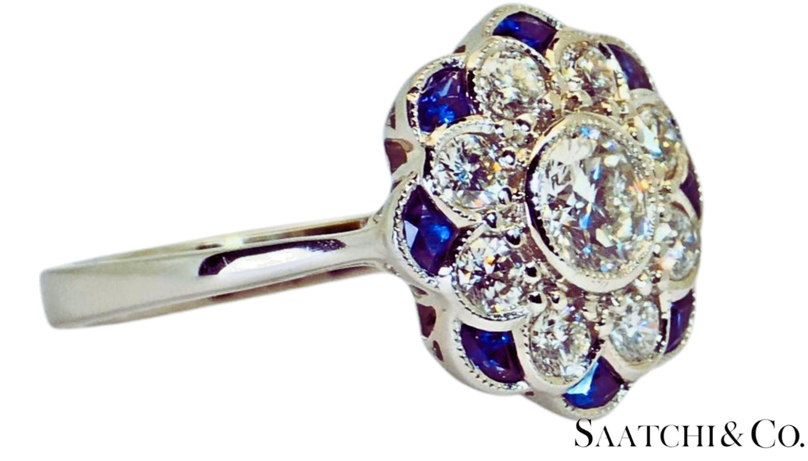 Platinum (950) - Natural 1.08 Ct diamond and 0.55 Ct Blue Sapphire ring, Size 7