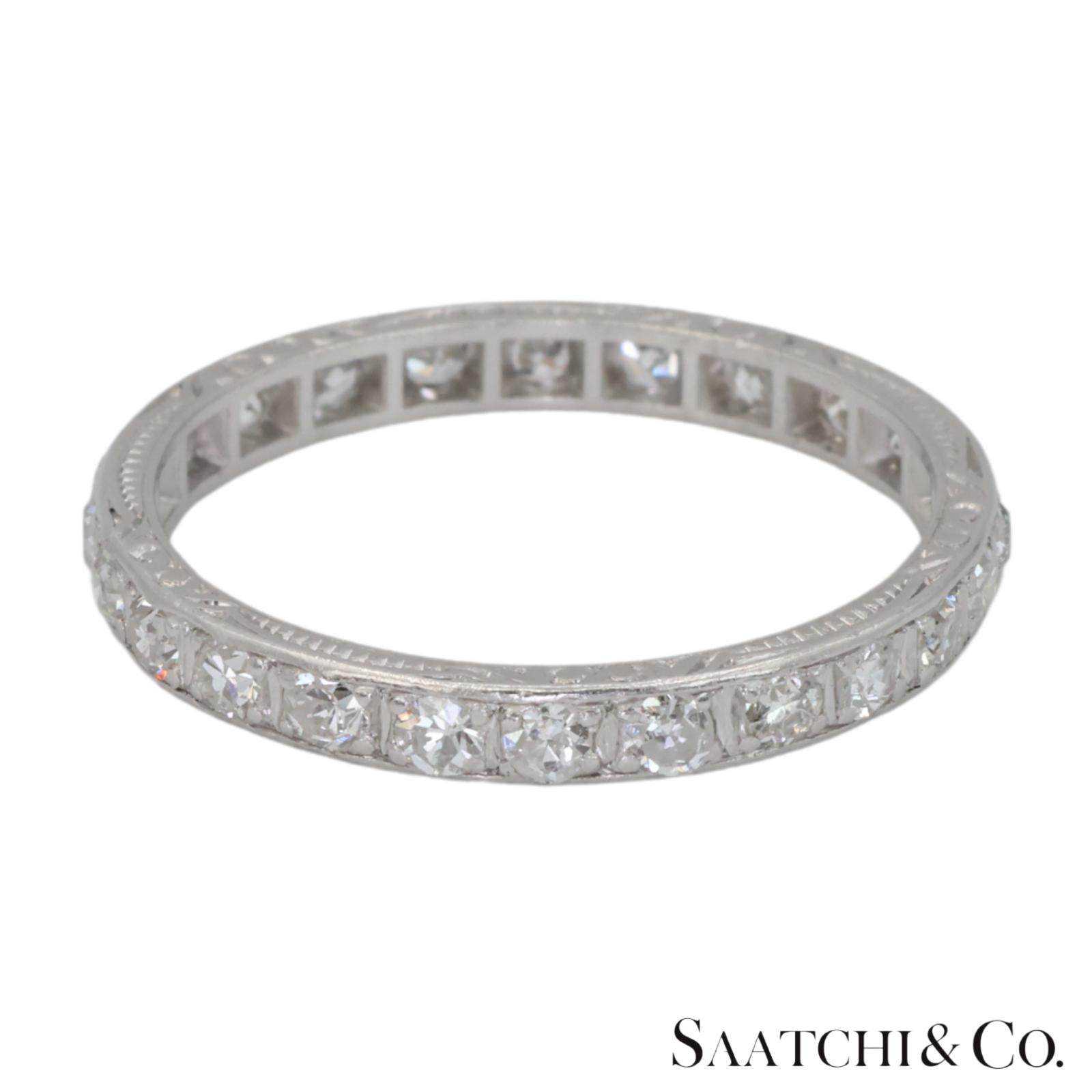 Platinum 950 Natural Diamond Engraved Band, Size 8
