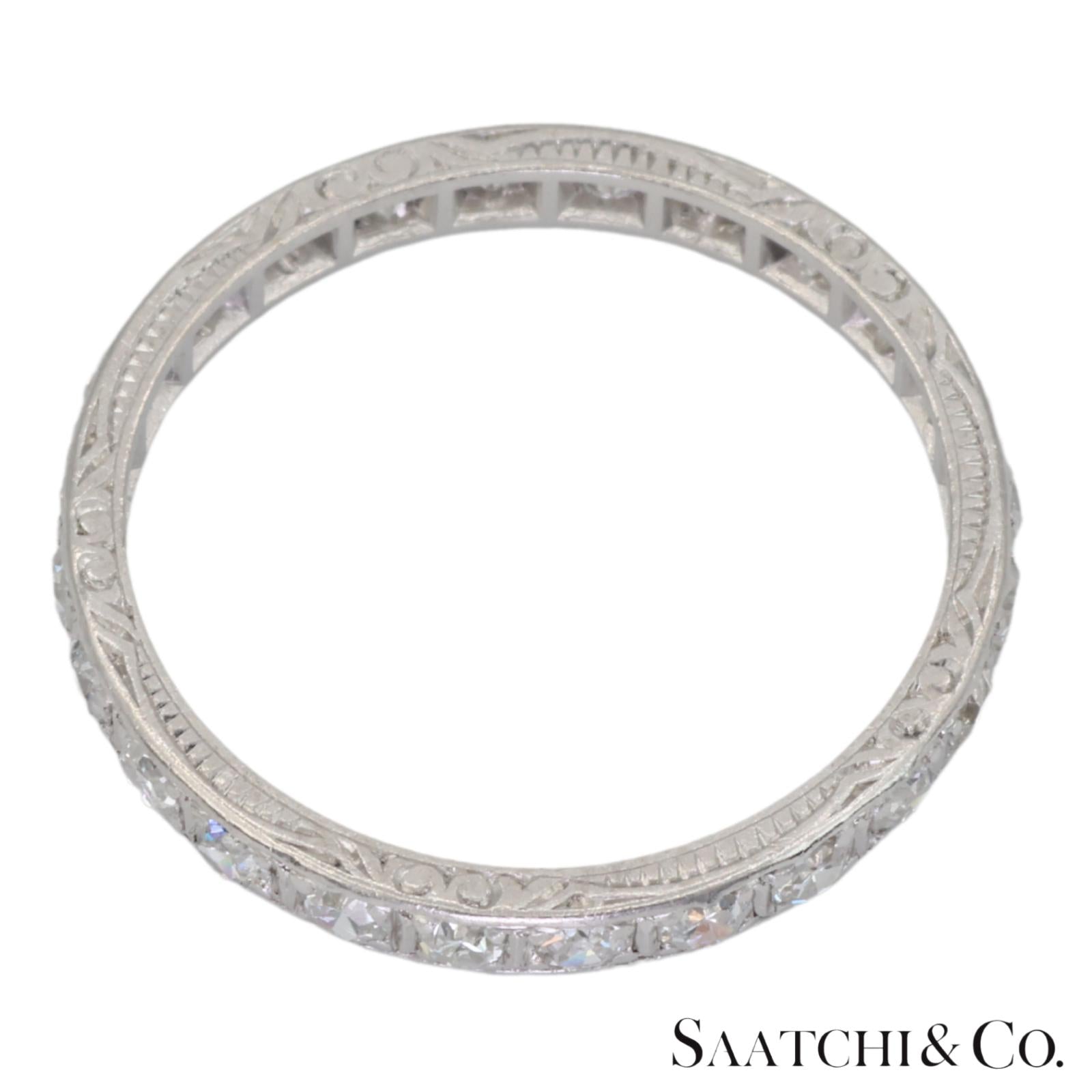 Platinum 950 Natural Diamond Engraved Band, Size 8