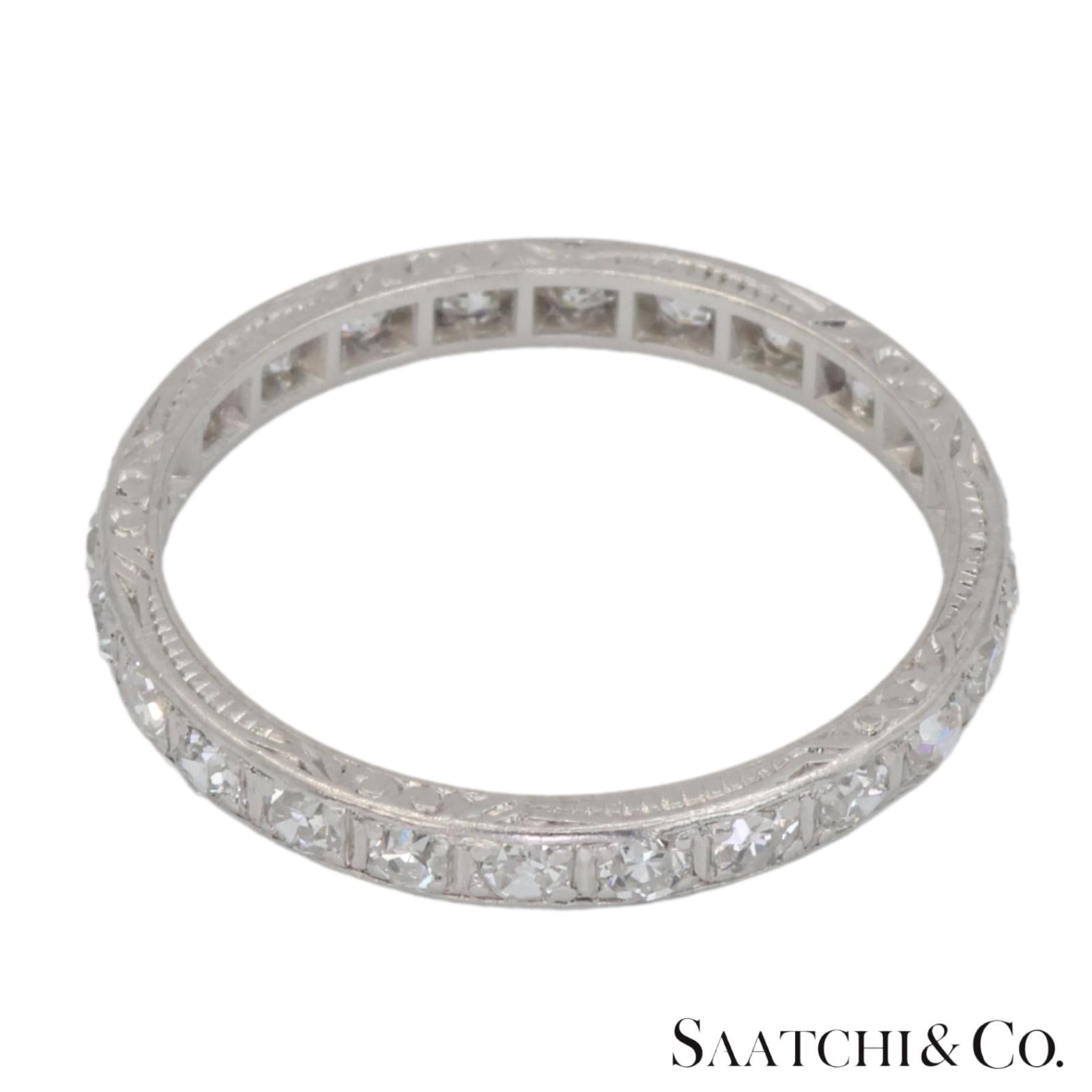 Platinum 950 Natural Diamond Engraved Band, Size 8
