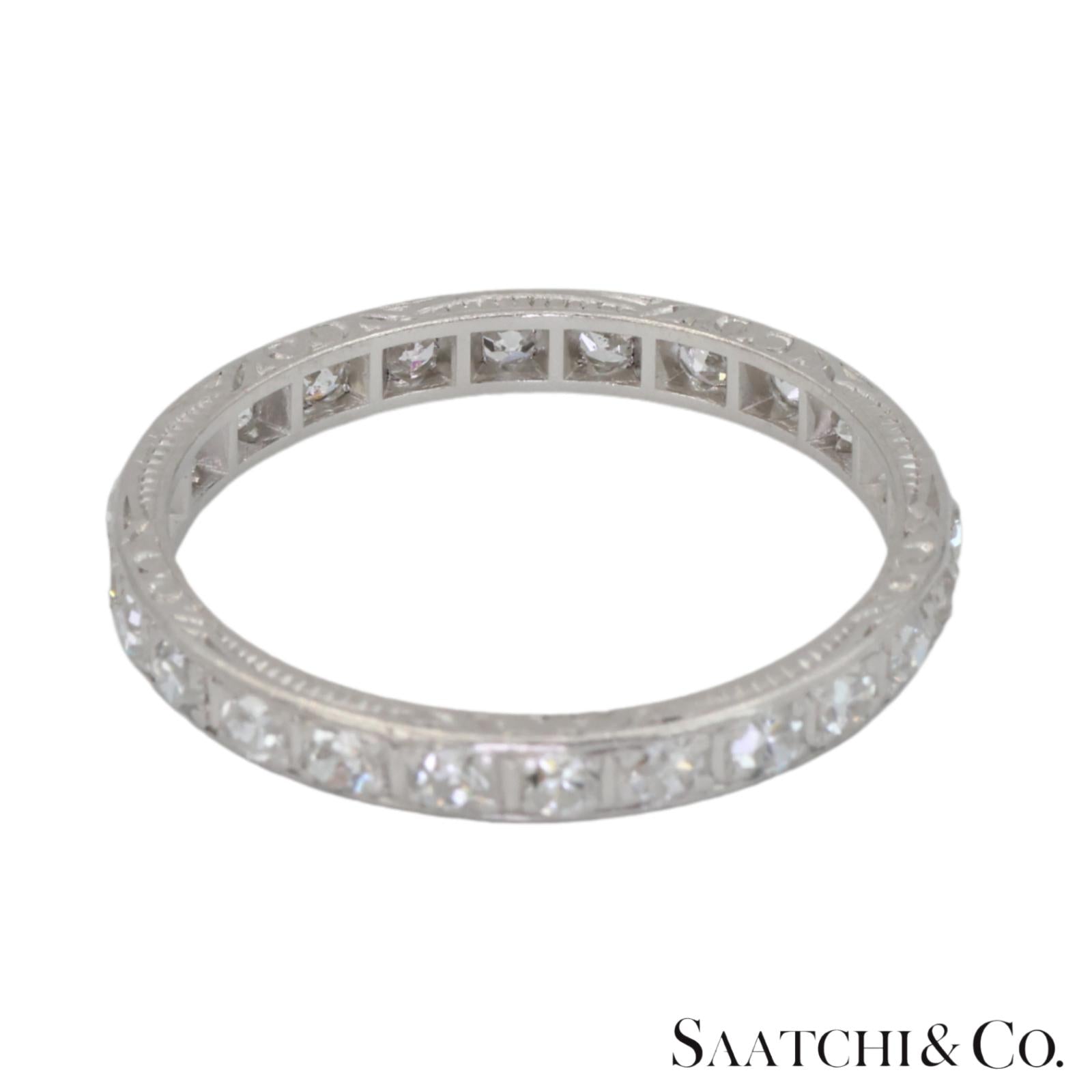 Platinum 950 Natural Diamond Engraved Band, Size 8