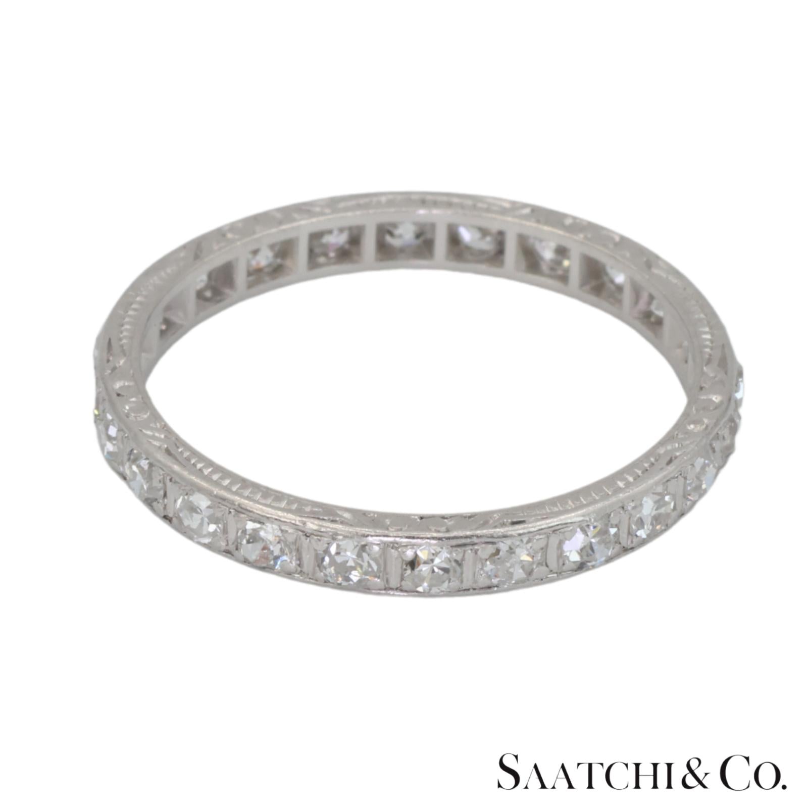 Platinum 950 Natural Diamond Engraved Band, Size 8