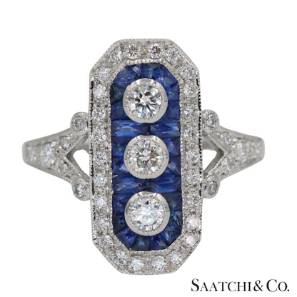 Platinum (950) Natural Diamond and Natural Sapphire Elegant Ring