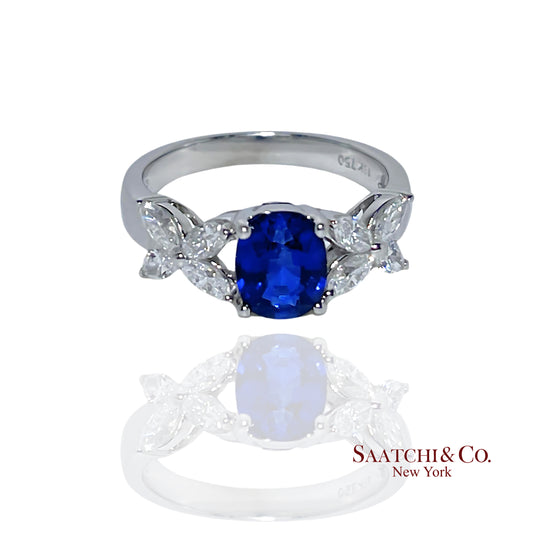 18 K White Gold Diamond - GIA Certified Blue Sapphire Ring