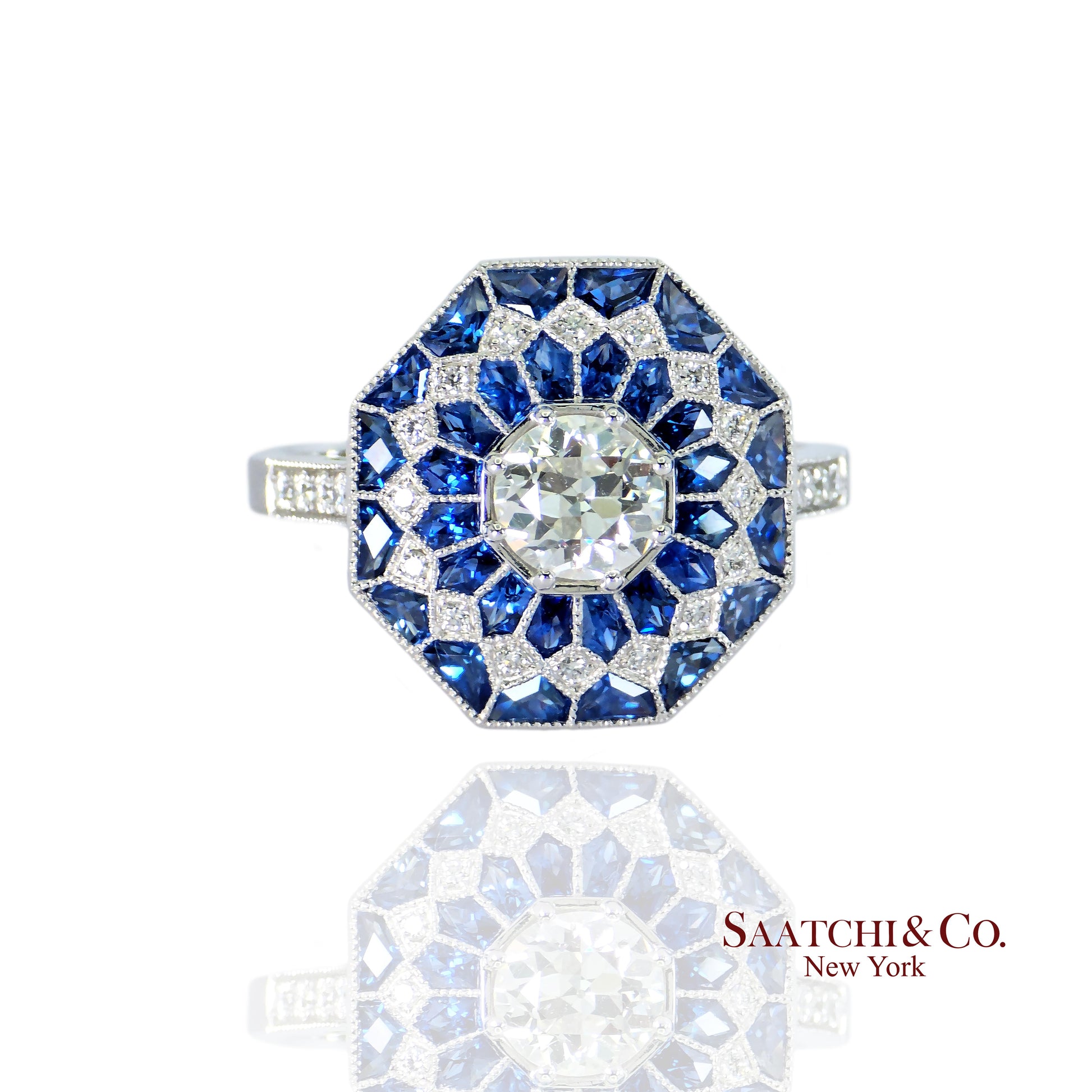 Stunning Brand New Platinum (950) Natural VVS Diamond & Blue Sapphire: Ring