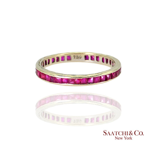 18k (750) White Gold Ruby Wedding Band Engraved, Size 6.5