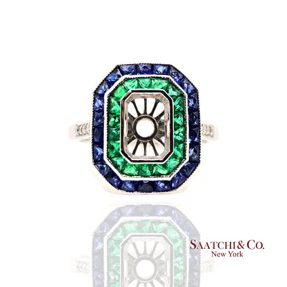 18K White Gold, Natural Diamond Emerald and Sapphire ring Mount, 4.3 Grams