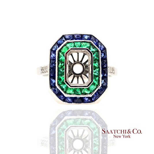 18K White Gold, Natural Diamond Emerald and Sapphire ring Mount, 4.3 Grams