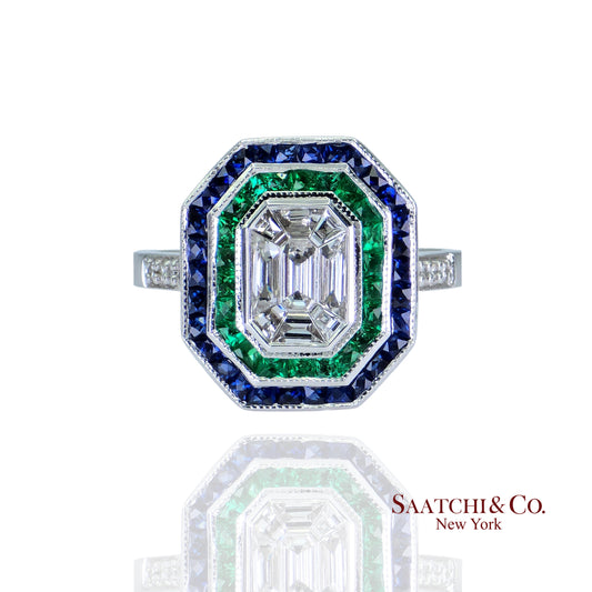 18K (750) Illusion Emerald Shape Natural Round VVS Diamond Sapphire Emerald Ring