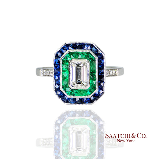 GIA - 18K (750) Emerald Shape Natural Round VVS Diamond Sapphire Emerald Ring