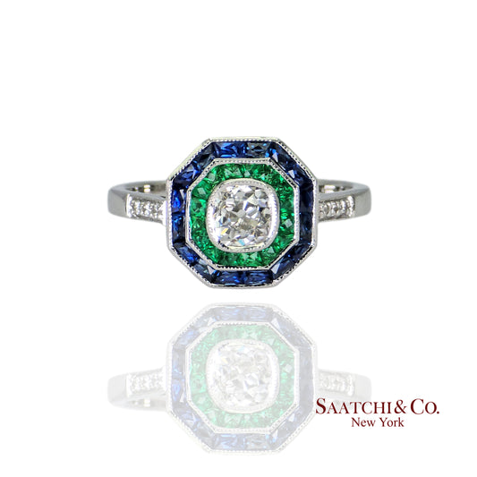 18K (750) White Gold Cushion Shape Natural Diamond Sapphire Emerald: Ring