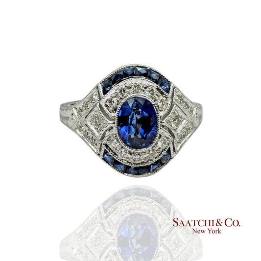 18K (750) White Gold Natural Diamond & Blue Sapphire Ring