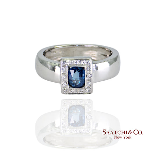 18k (750) White Gold Natural Oval Sapphire And Natural Diamond Ring