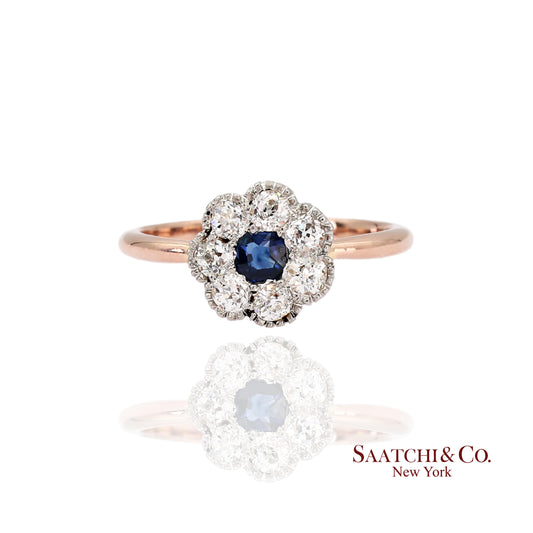 14K (585) Yellow White Rose and Gold Vintage Sapphire Diamond Ring