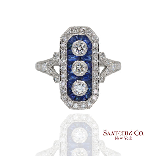 Platinum (950) Natural Diamond and Natural Sapphire Elegant Ring