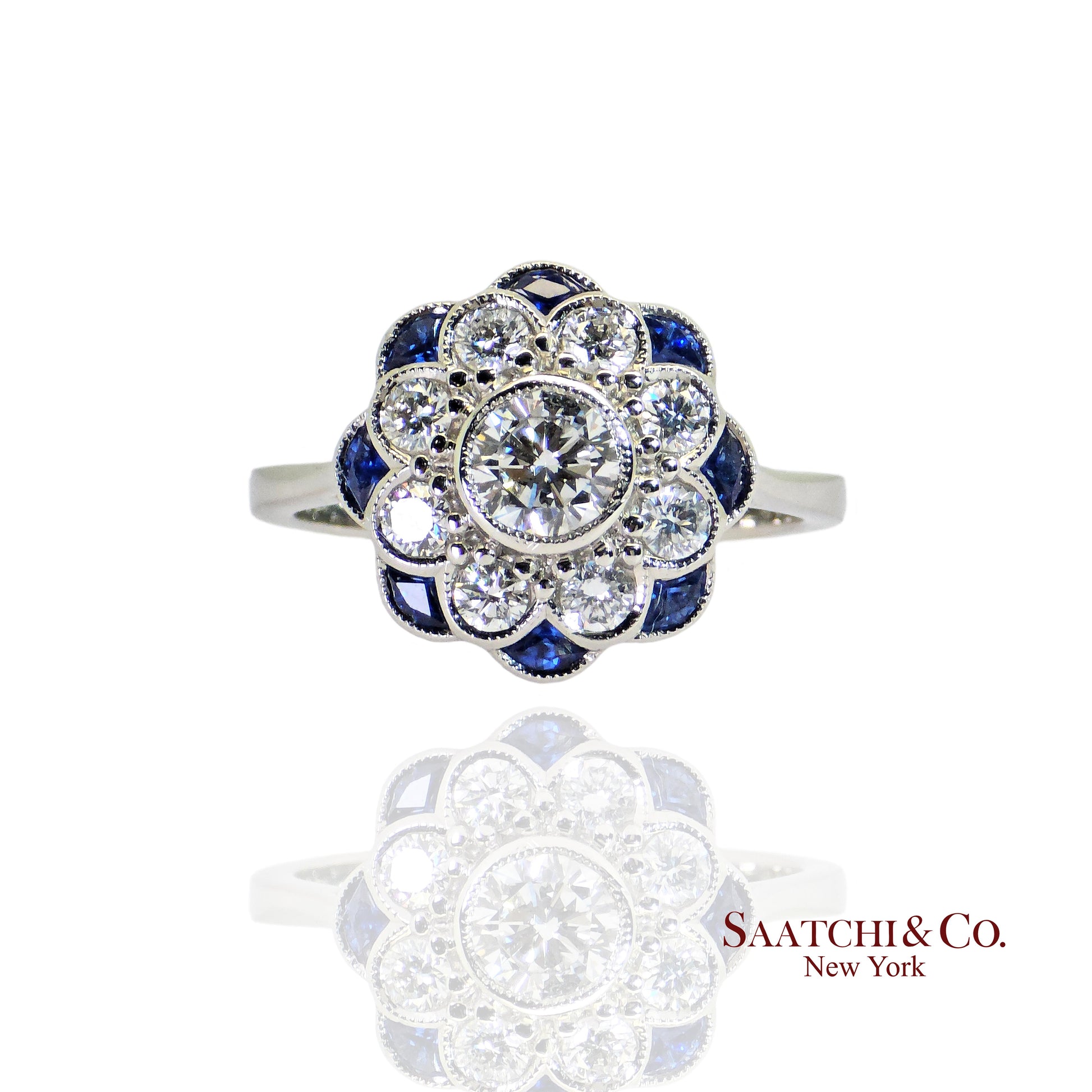 Platinum (950) - Natural 1.08 Ct diamond and 0.55 Ct Blue Sapphire ring, Size 7