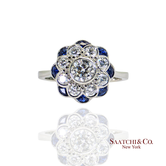 Platinum (950) - Natural 1.08 Ct diamond and 0.55 Ct Blue Sapphire ring, Size 7
