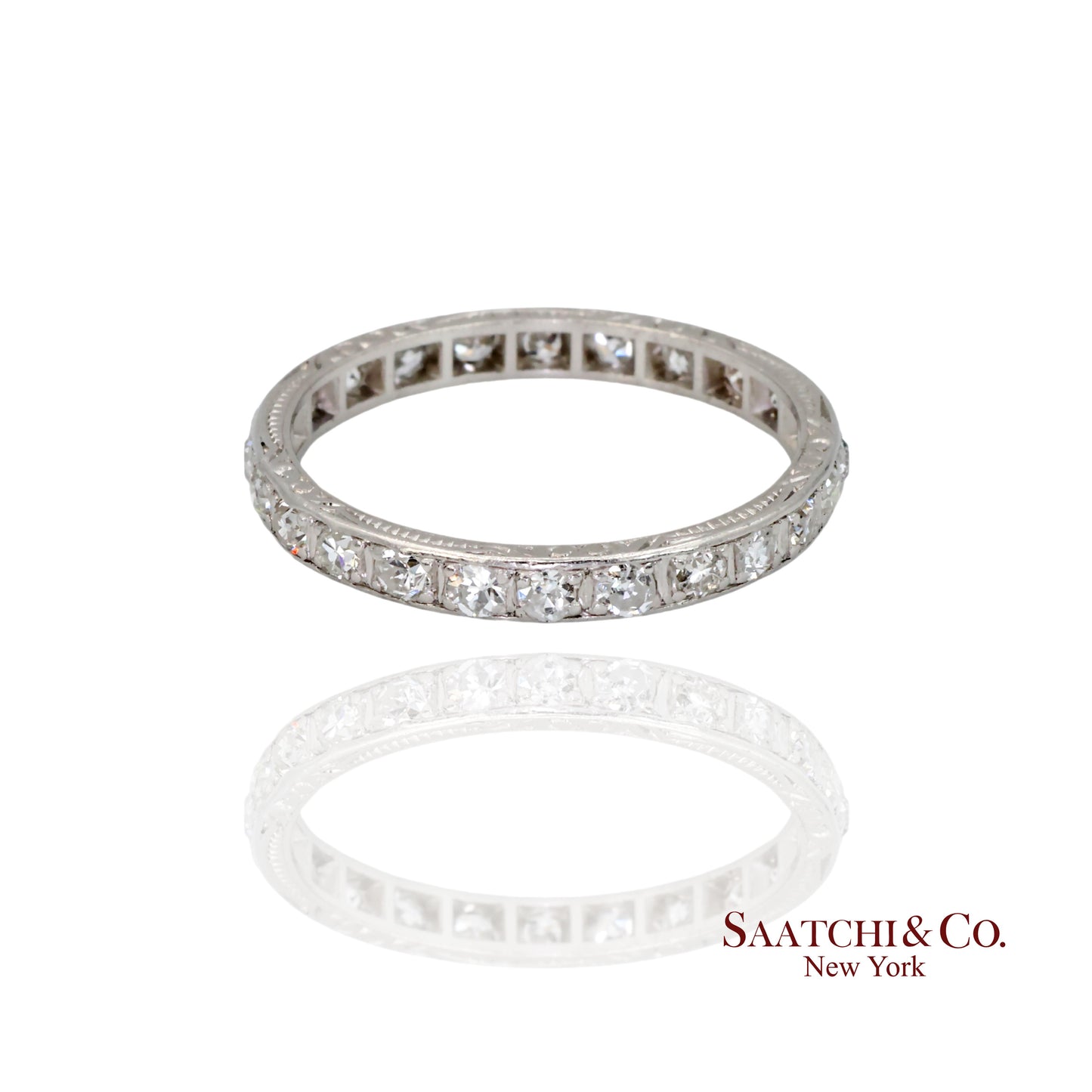 Platinum 950 Natural Diamond Engraved Band, Size 8