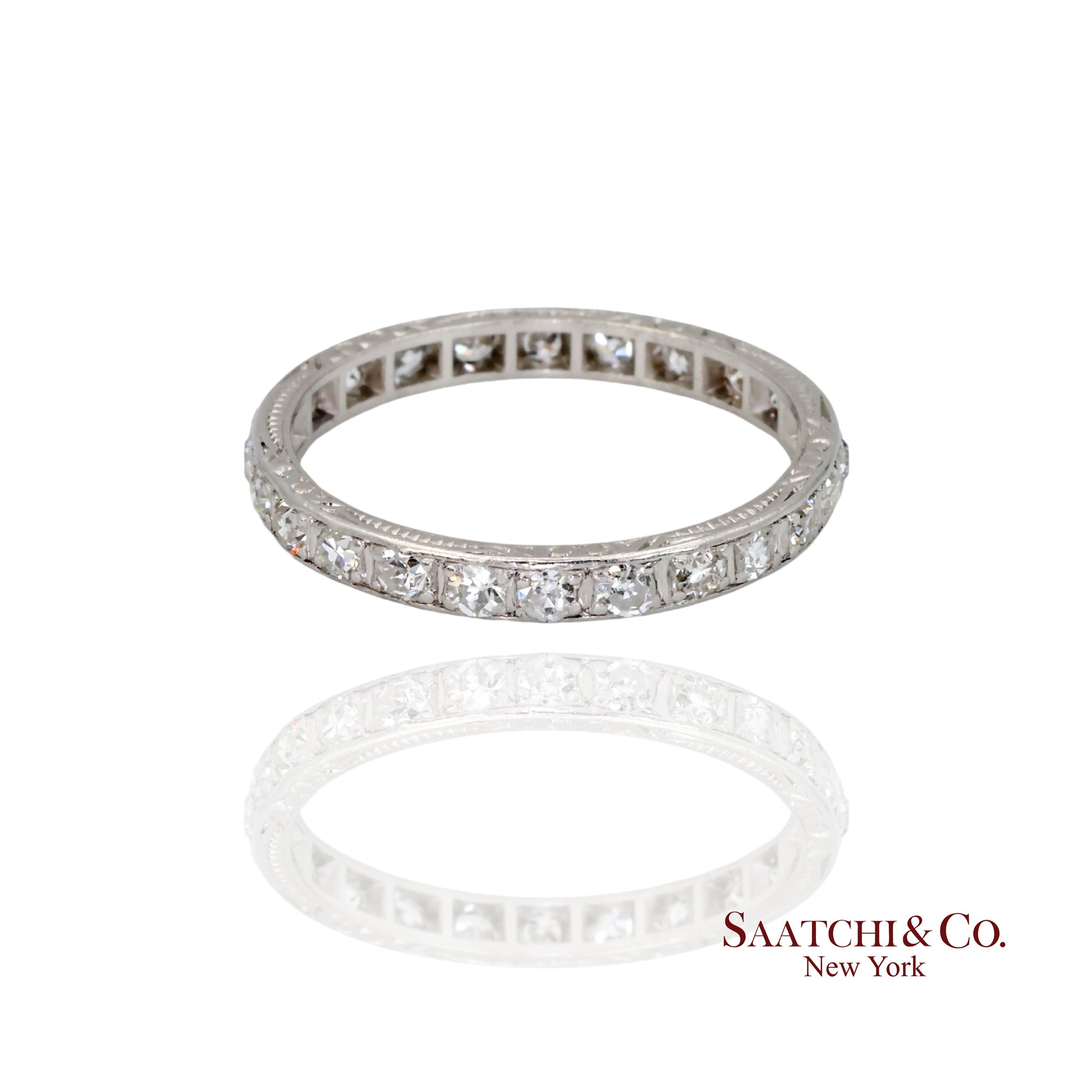 Platinum 950 Natural Diamond Engraved Band, Size 8