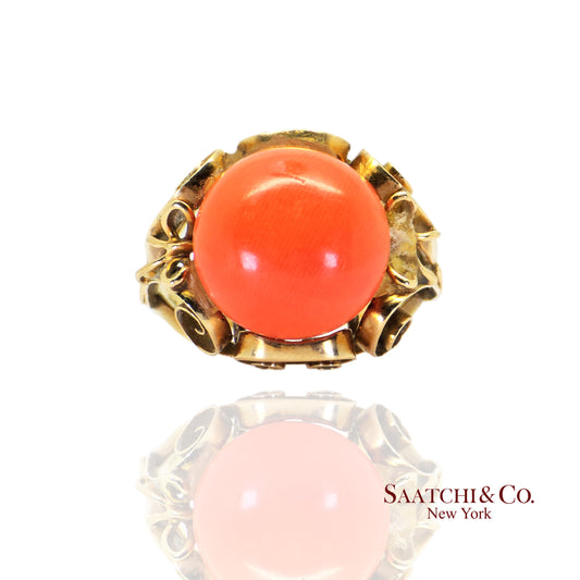 14k Yellow Gold & Vintage - Old Ring, 7 Ct Natural Coral Stone, Size 6.5, 4.9 G