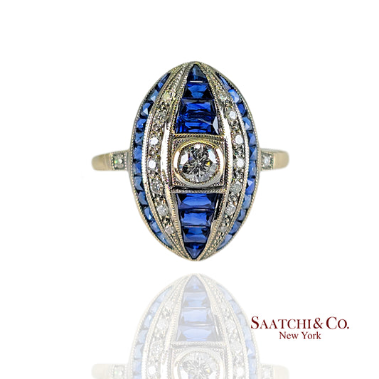 18K (750) White Gold - Natural VVS- VS Diamond and Sapphire; Top Quality Ring