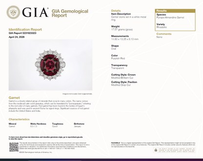 GIA Certified Solid Platinum 900 Natural Diamond and Natural Garnet Ring