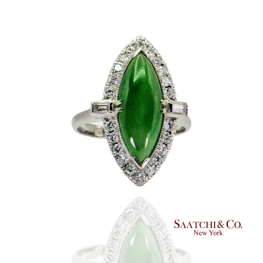Vintage Platinum (950) - Natural Diamond & Jade: Ring, Size: 6.75