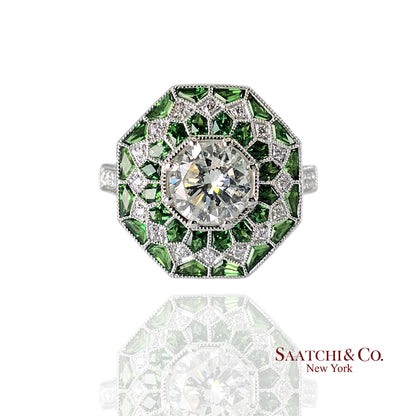 GIA Certified - Natural Tsavorite & Diamond Platinum (950): Ring