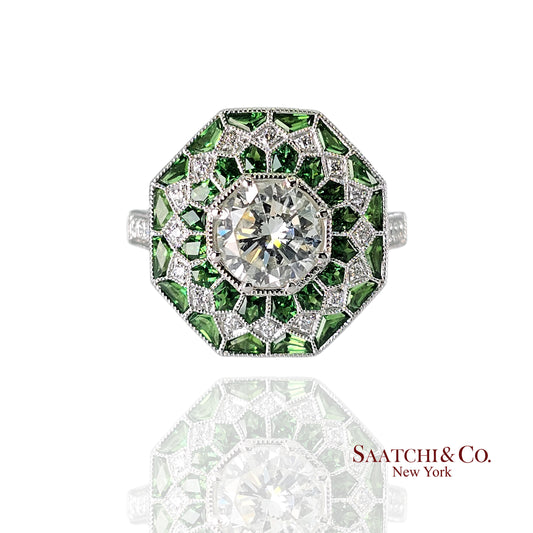 GIA Certified - Natural Tsavorite & Diamond Platinum (950): Ring