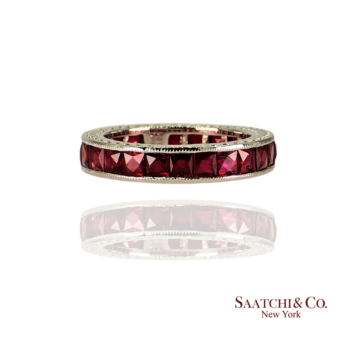 Stunning Platinum (950) Engraved Natural Ruby: Ring Band, Size 5.5