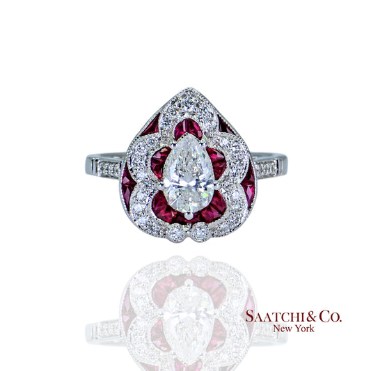 18k (750) White Gold - Pear Shape Ring: Natural Diamond and Ruby