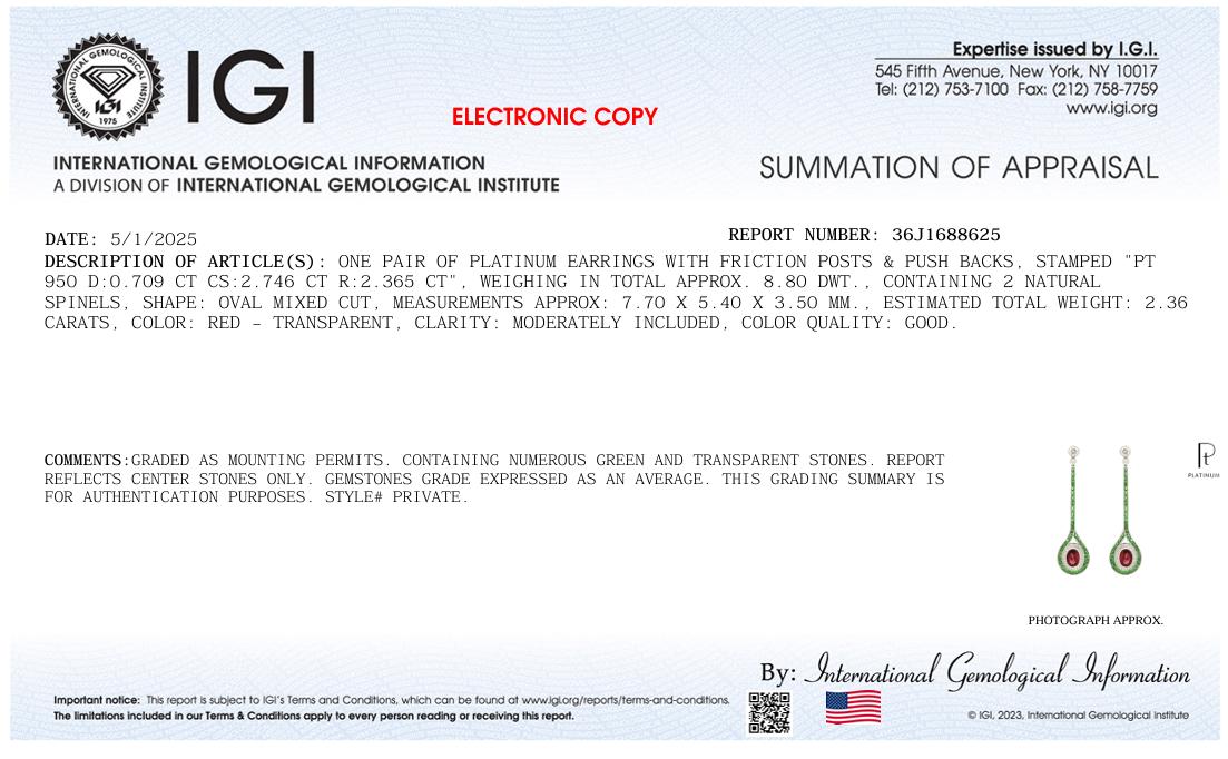 Platinum 950 Dangling Natural Ruby Emerald and Diamond Earring