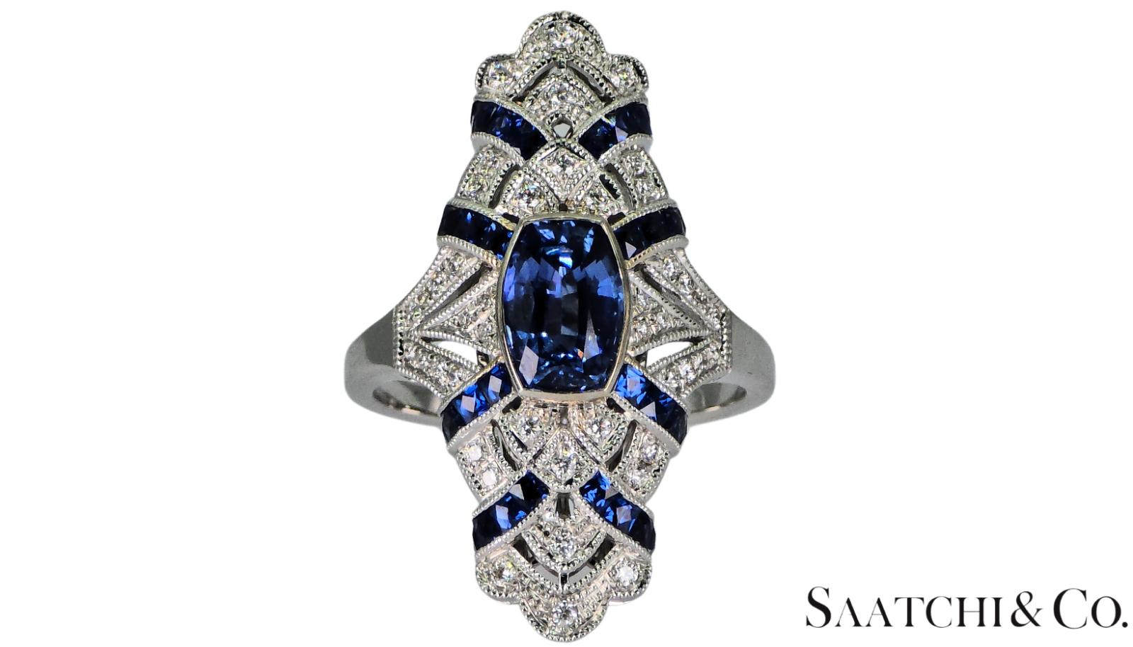 Stunning 18K (750) White Gold - Natural VVS Diamond & Blue Sapphire: Ring