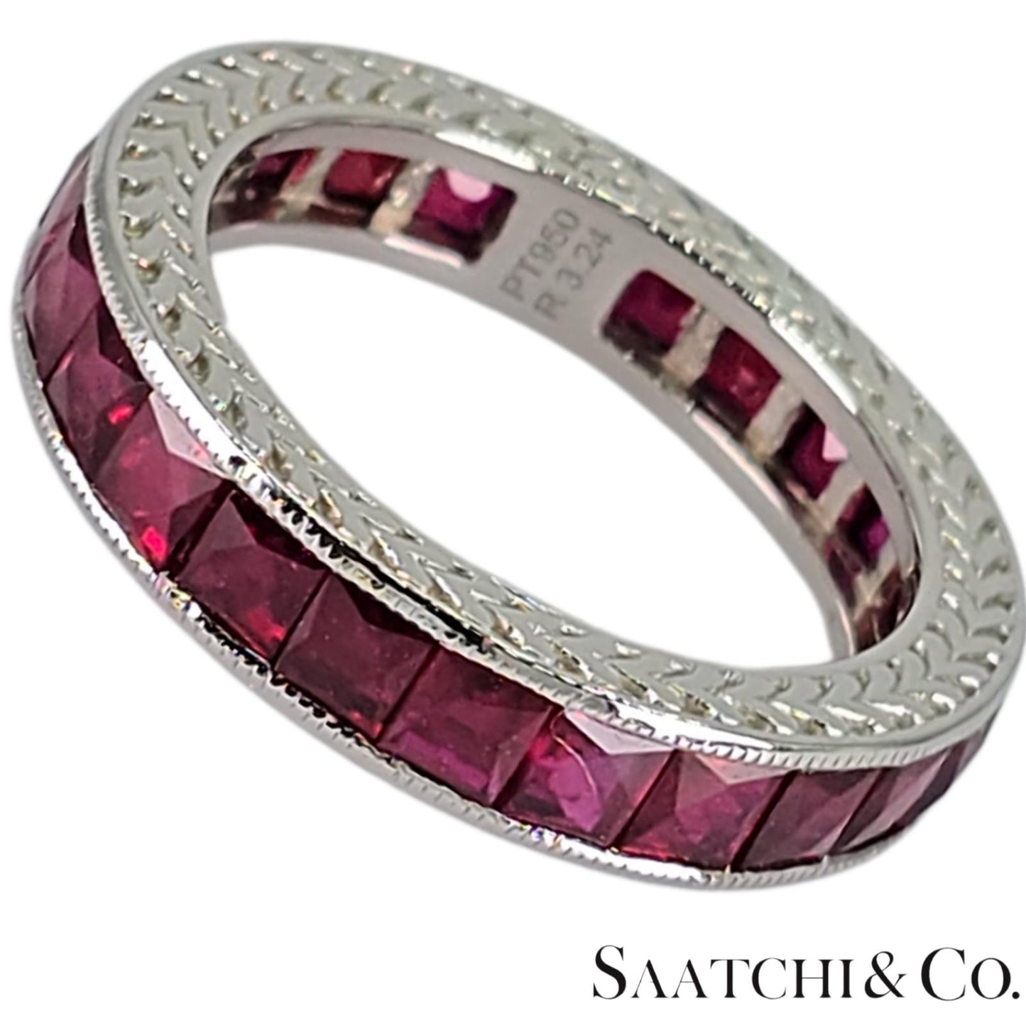 Stunning Platinum (950) Engraved Natural Ruby: Ring Band, Size 5.5