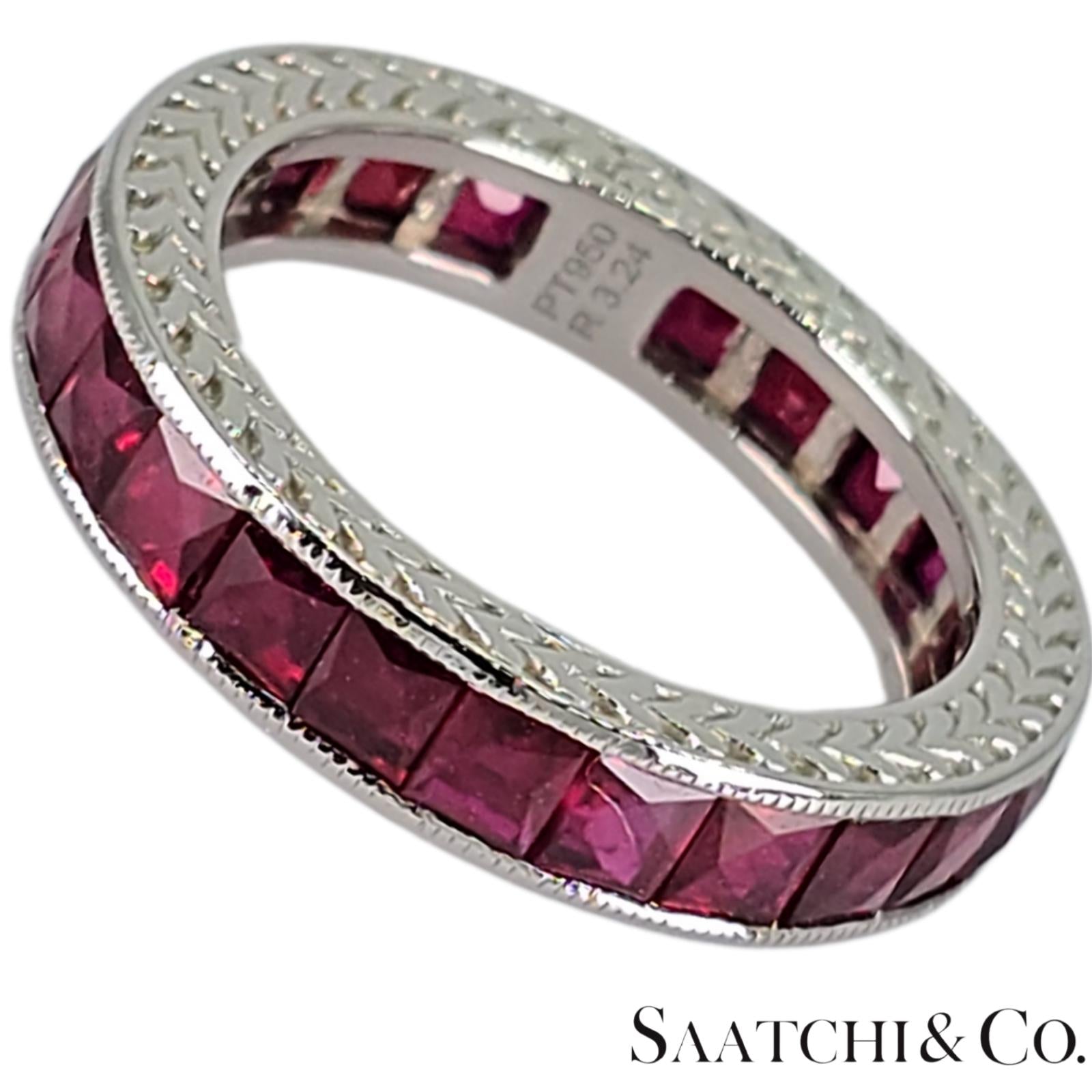 Stunning Platinum (950) Engraved Natural Ruby: Ring Band, Size 5.5