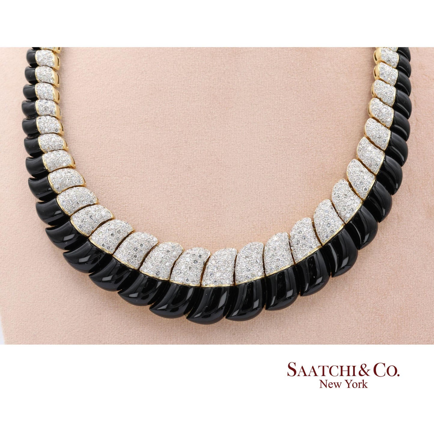 18K White & Yellow Gold Black Natural Onyx Necklace with Natural White Diamonds