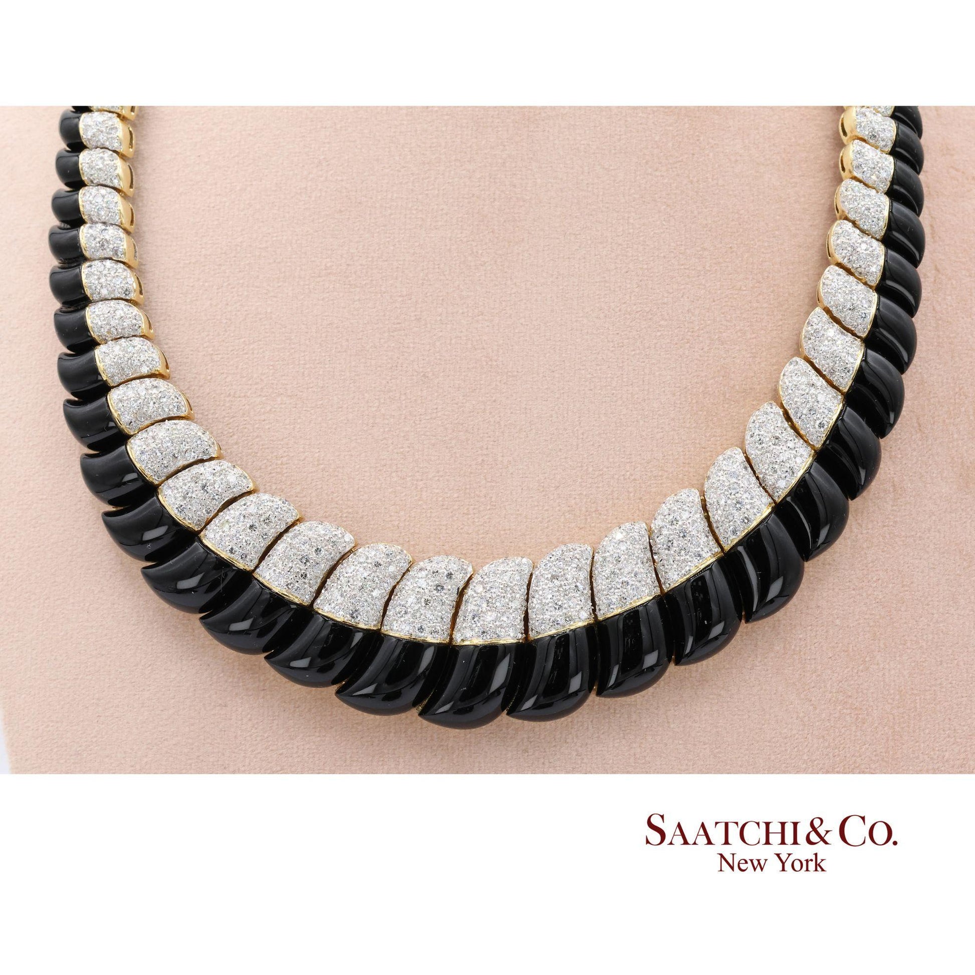 18K White & Yellow Gold Black Natural Onyx Necklace with Natural White Diamonds