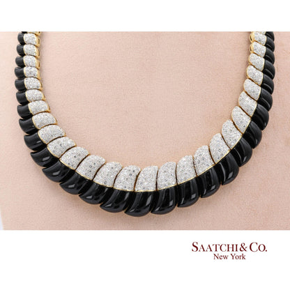 18K White & Yellow Gold Black Natural Onyx Necklace with Natural White Diamonds